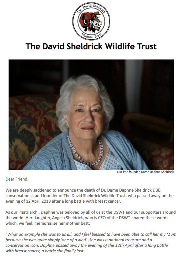 Dr. Dame Daphne Sheldrick DBE Obituary