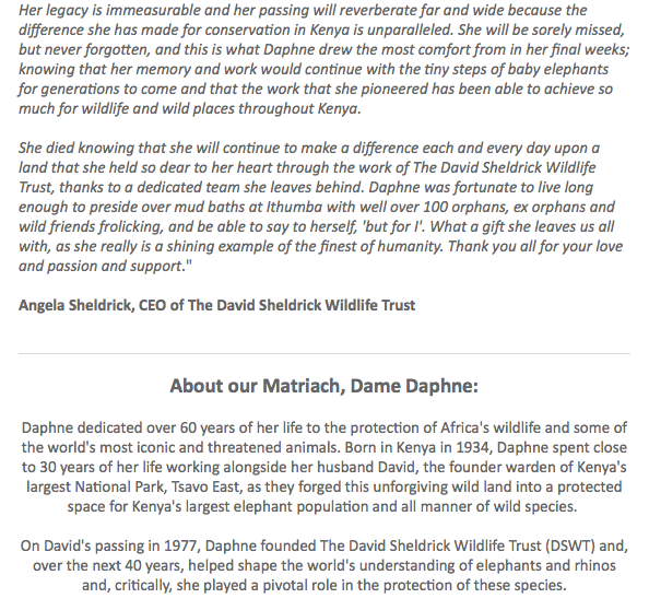 Dr. Dame Daphne Sheldrick DBE Obituary