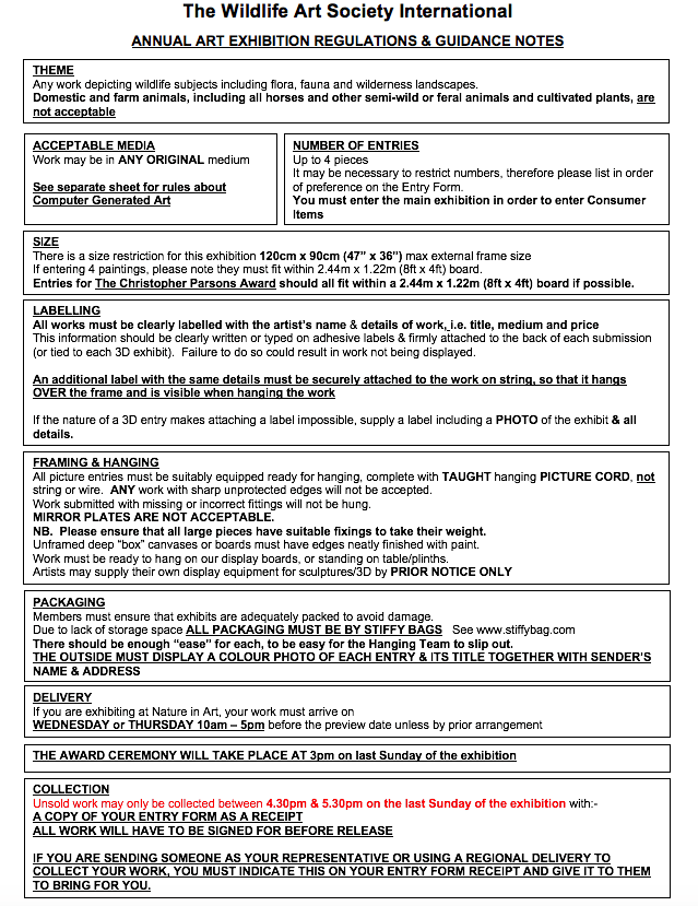 The Wildlife Art Society International Annual Art Exhibition Regs and Guidance Notes