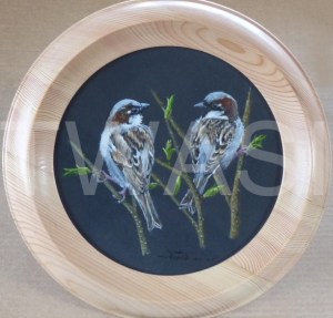 'Friends' by David Spencer Acrylic on Welsh Slate Framed 30cms diameter £115