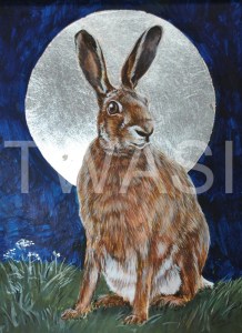'Moon Hare' by Helen Rawlings Egg Tempura and Silver Leaf on gesso’d board Framed 25 x 20 £175