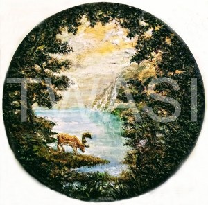 'Fallow Falls' by Roy Emmins Medium relief carvings with mixed media 59 cm diameter £650