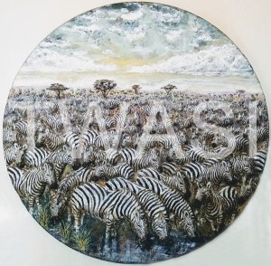 'Zebra Interfusion' by Roy Emmins Medium relief carvings with mixed media 59 cm diameter £650