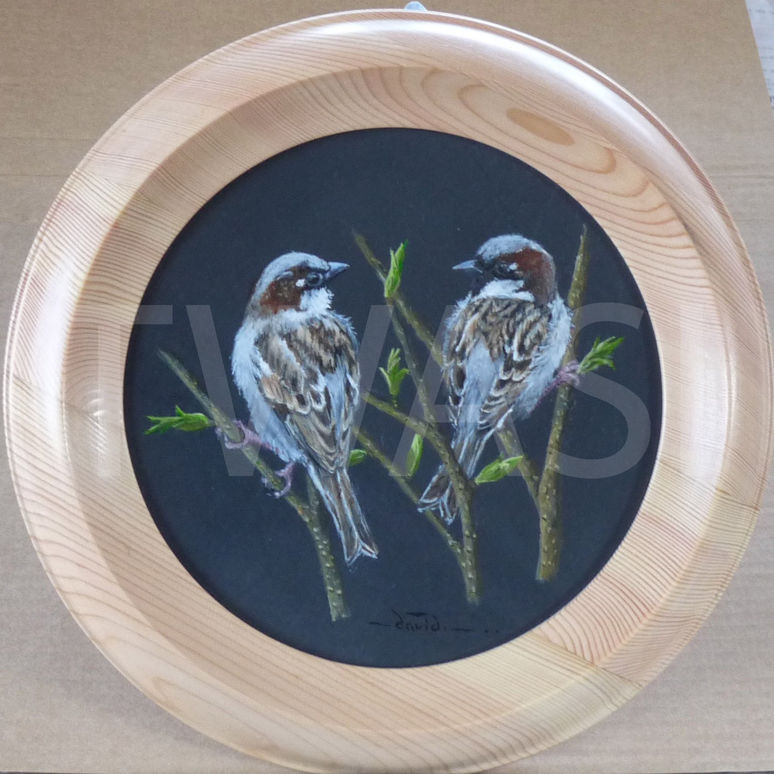 Chit Chat by David Spencer Acrylic on Welsh slate - 30cms framed £105 - BUY ME - Email: jane.shackleton0@googlemail.com