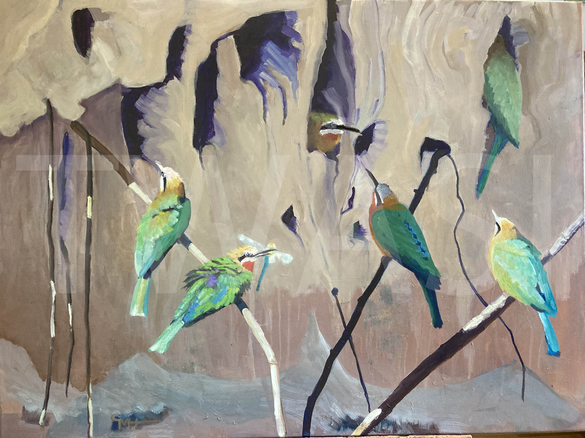 White Fronted Bee Eaters Framed 87x66cm Oils on canvas £700 by Gillian Hill