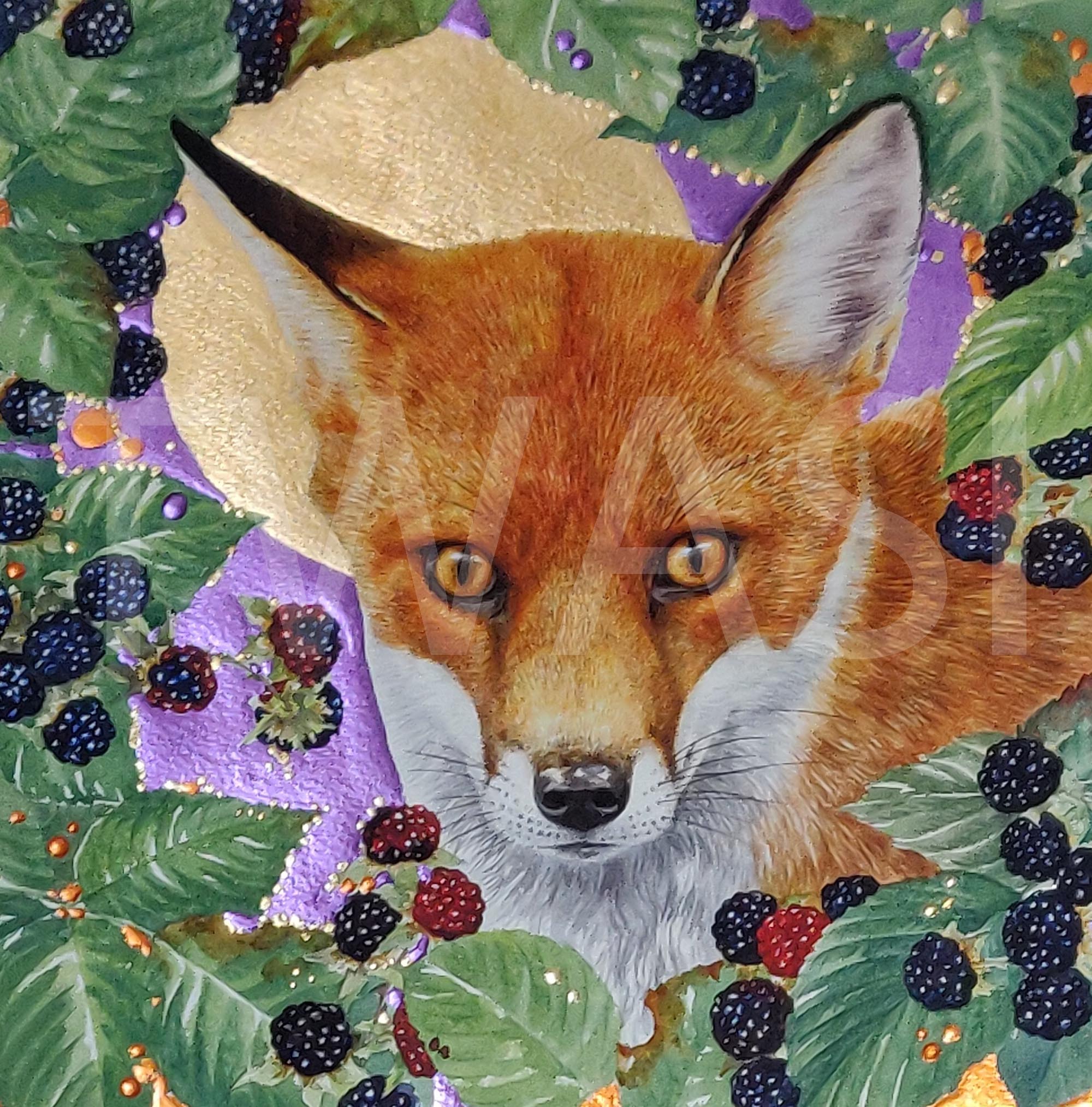 blackberry fox by Valerie Briggs Embellished watercolour Mounted 42 x 42 £695